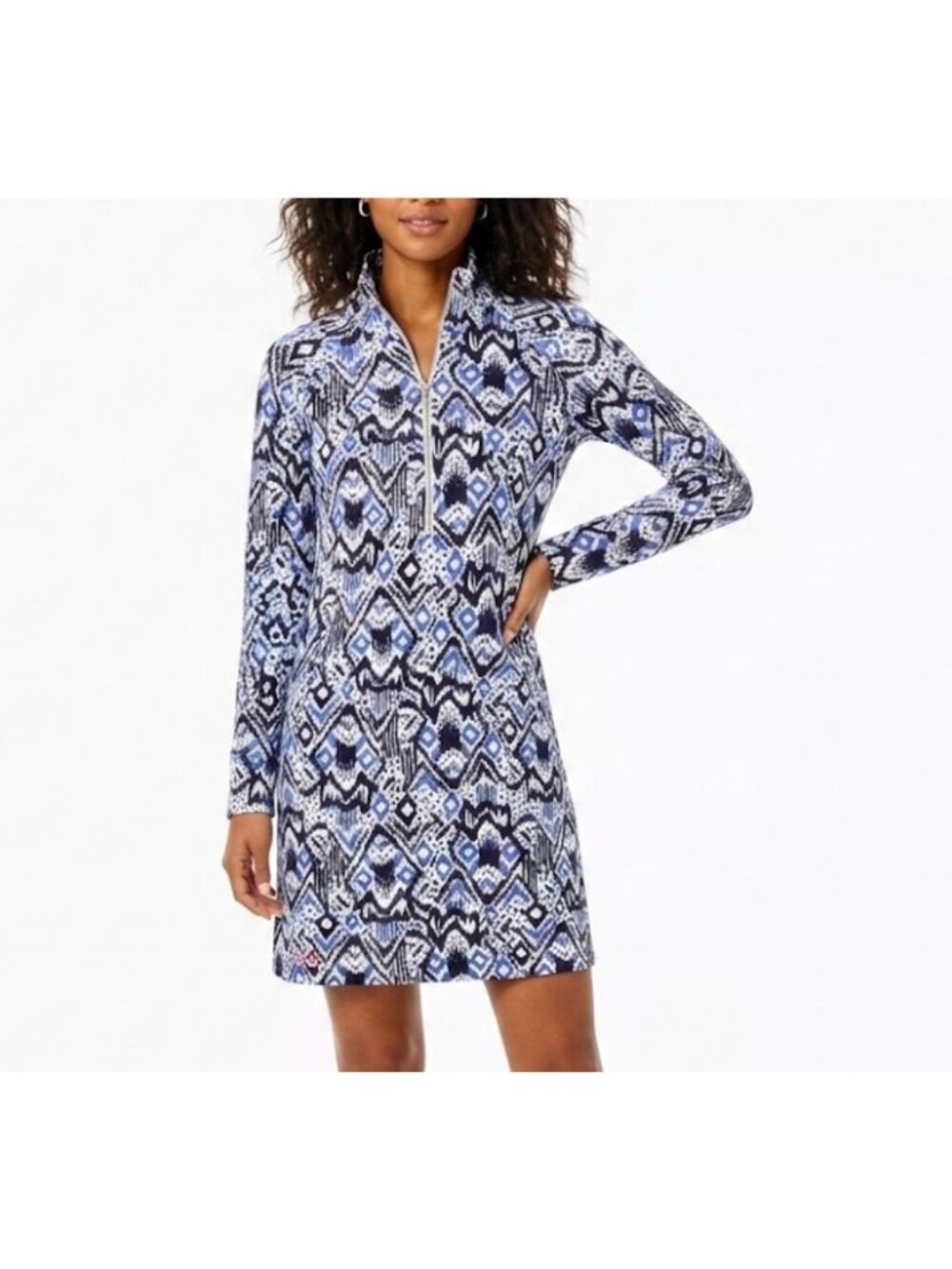 Lilly Pulitzer Womens Blue White Geometric Print Half-Zip Long Sleeve Dress XXS